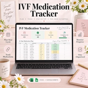 May include: A digital IVF Medication Tracker displayed on a laptop screen, featuring a 21-day medication plan table with columns for date, medication, dose, time, status, and notes. The interface includes summary boxes for planned doses, completed tasks, items due today, and a completion rate percentage.