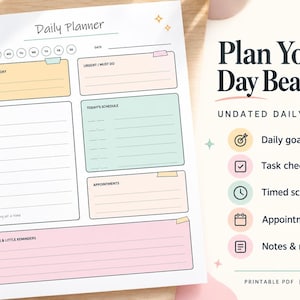 Könnte beinhalten: Ein Tagesplaner-Blatt mit pastellfarbenen Abschnitten für Ziele, Aufgaben, Zeitpläne, Termine und Notizen. Der Text lautet Daily Planner, Goal For Today, Task List, Urgent/Must Do, Today's Schedule, Appointments und Notes & Little Reminders.