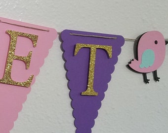 Birthday Banner, Happy Birthday Banner, Happy Birthday, Girl Banner 1st Birthday, Pink, Blue and Glitter Gold, Bird Banner, Bird Birthday