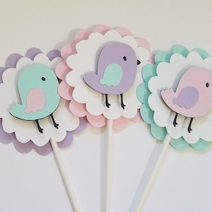 Cupcake Toppers, Set of 12,  Bird cupcake toppers, Pink, Blue, Turquoise, pastel Birds