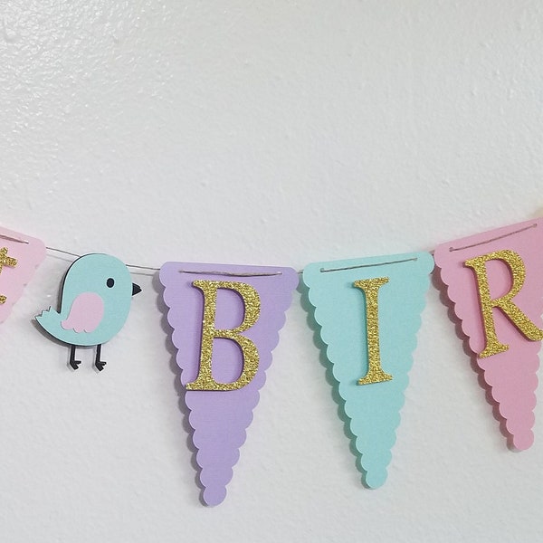 Birthday Banner, Happy Birthday Banner, Happy Birthday, Girl Banner 1st Birthday, Pink, Blue and Glitter Gold, Bird Banner, Bird Birthday