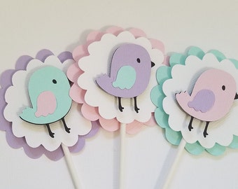 Cupcake Toppers, Set of 12,  Bird cupcake toppers, Pink, Blue, Turquoise, pastel Birds
