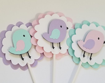 Cupcake Toppers, Set of 12,  Bird cupcake toppers, Pink, Blue, Turquoise, pastel Birds