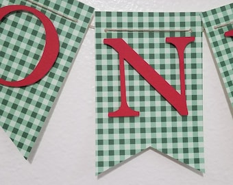 High Chair Banner, ONE Banner, Green Gingham ONE banner, Red and Green Birthday Bann