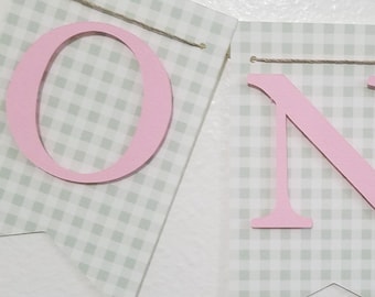 Gingham ONE Banner: Pink & Sage Green First Birthday Decor