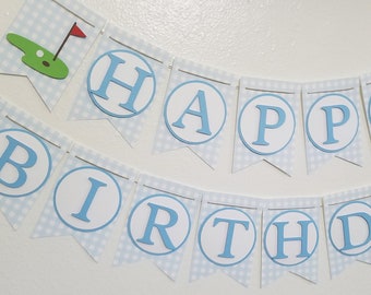 Happy Birthday Banner, Blue Gingham Birthday banner, Golf Party Decorations, Golf 1st Birthday Party banner, Golf Birthday