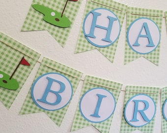 Happy Birthday Banner, Green Gingham Birthday banner, Golf Party Decorations, Golf 1st Birthday Party banner, Golf Birthday