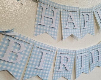 Blue Gingham Happy Birthday Banner, Birthday Banner, Happy 1st Birthday Banner, Light Blue and White Banner, Checkered banner