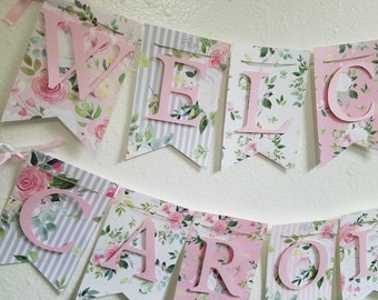 Pink and Gray Floral Baby Shower, Baby Girl Banner, Personalized Banner,  Baby Shower Decorations, Floral Baby Shower Banner, Greenery