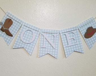 High Chair Banner, ONE Banner, Blue Gingham ONE banner, Light Blue Gingham, Baby Blue and White, Cowboy Party ONE banner, Boot and Hat