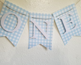 High Chair Banner, ONE Banner, Blue Gingham ONE banner, Light Blue Gingham, Baby Blue and White, Light Blue Check ONE banner