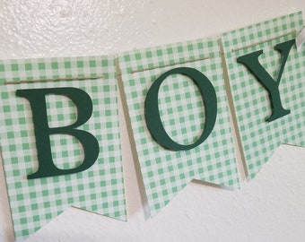 Boy Baby Shower Banner, Baby Shower Decorations, Boy Baby shower decorations, Green, White, Green Gingham Baby Shower Banner