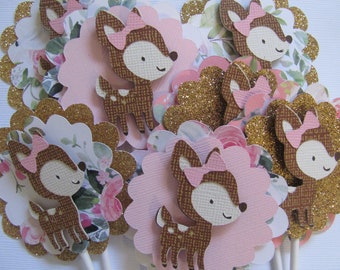 Cupcake Toppers, Set of 12,  Woodland animal cupcake toppers, Deer cupcake toppers, Girl Deer, Girl Fawn Birthday, Fawn Cupcake Toppers,