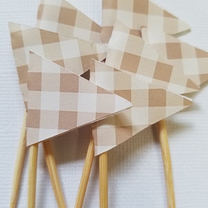 Flag Food Picks, Flag Cupcake toppers, Set of 24, Teddy Bear Picnic Party, Gingham Food Picks, Flag Picks, Light Brown Gingham Party
