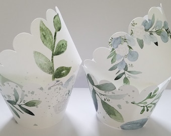 Cupcake wrappers, Greenery cupcake wrappers, greenery decorations, green leaves, green and white
