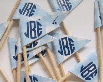 Personalized Flag Food Picks, Flag Cupcake toppers, Set of 24, Teddy Bear Picnic Party, Gingham Food Picks, Monogram Food Picks,