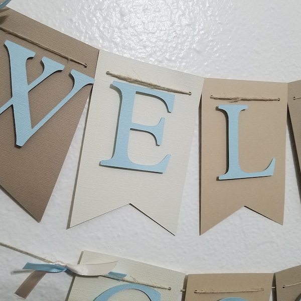 Baby Shower Banner, Boy Baby Shower, Boho Baby Shower, Beige, ivory, tan, light blue banner, Baby Boy Shower, Boy Baby Shower Decorations