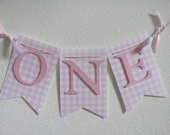 One High Chair Banner, Pink and White One Banner, Pink and White Birthday, Pink Gingham Banner