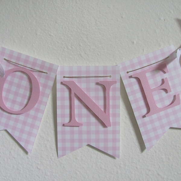 One High Chair Banner, Pink and White One Banner, Pink and White Birthday, Pink Gingham Banner
