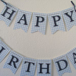 Blue Gingham Happy Birthday Banner, Birthday Banner, Happy 1st Birthday Banner, Light Blue and Navy Banner, Checkered banner