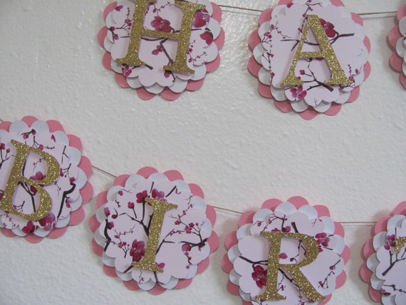 Pink White Gold Cherry Blossom Birthday Banner First Etsy