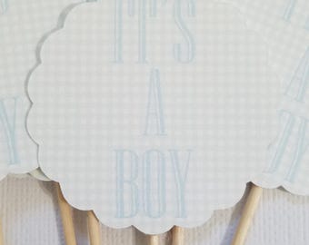 Adornos para cupcakes personalizados, juego de 12, adornos para cupcakes It's a Boy, decoraciones para baby shower de cuadros azules