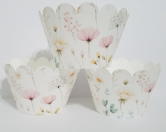 Cupcake wrappers, Wildflower cupcake wrappers, Wild Flower decorations, Pink, Yellow,  Blue wildflower cupcake wrappers, Pastel Flowers