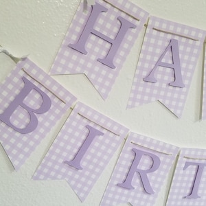 Purple Gingham Happy Birthday Banner, Birthday Banner, Happy 1st Birthday Banner, Pink and White Banner, Checkered banner, Lavender Gingham