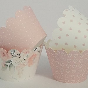 Sets von 12 Cupcake-Wrappers, Pink-Weiß-Cupcake-Wrappers, rosa Blumen, rosa Herzen, Herzen und Blumen-Cupcake-Wrappers Bild 2