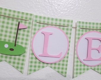 Pink and Green Par-Tee Banner, Green Gingham, Golf Party Decorations, Golf 1st Birthday Party banner, Golf Birthday, Girl Golf Banner