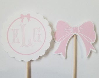 Personalized cupcake toppers, Set of 12, Monogram cupcake toppers, girls Birthday, Bow cupcake toppers