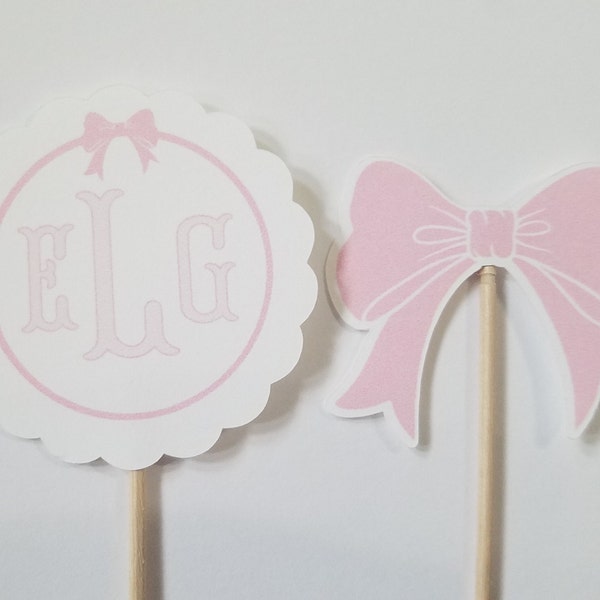 Personalized cupcake toppers, Set of 12, Monogram cupcake toppers, girls Birthday, Bow cupcake toppers