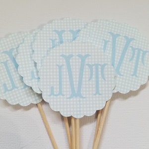 Personalized cupcake toppers, Set of 12,  Teddy Bear Picnic Party, Gingham Food Picks, Monogram cupcake toppers