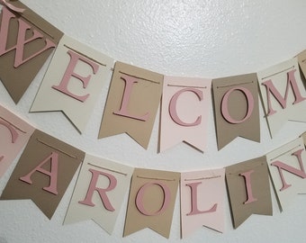 Baby Shower Banner, Pink, Cream, Beige, Tan Banner, Baby Girl Banner, Baby Shower Decorations, Boho Banner, Modern Baby Shower Banner