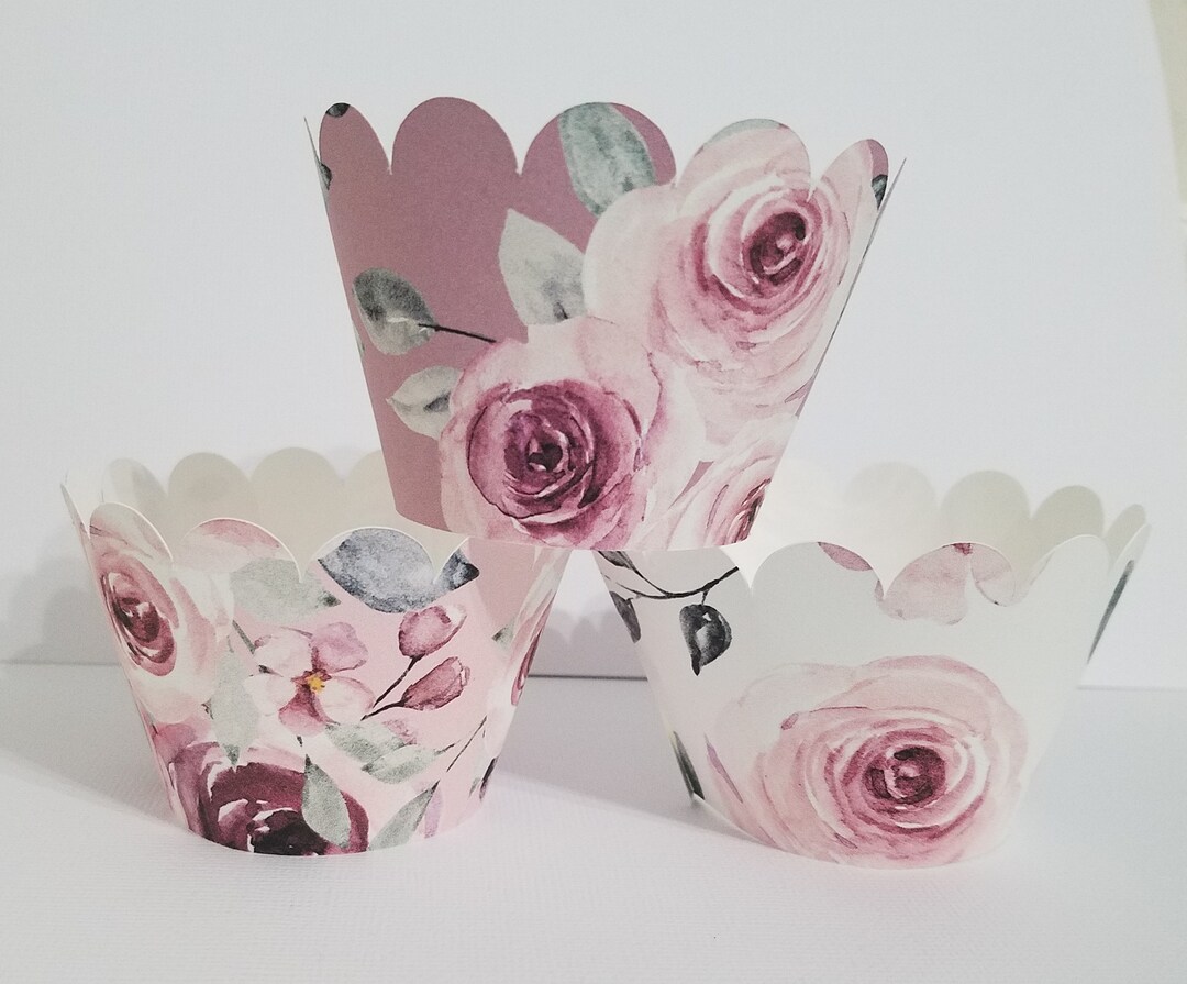 12 Cupcake Wrappers, Floral Cupcake Wrappers, Floral Decorations, Pink and Mauve Birthday Etsy