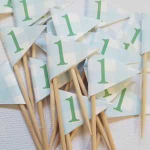 Personalized Flag Food Picks, Flag Cupcake toppers, Set of 24,  Gingham Food Picks, Age Food Picks, Blue Gingham Cupcake topper