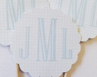 Personalized cupcake toppers, Set of 12,  Teddy Bear Picnic Party, Gingham Food Picks, Monogram cupcake toppers