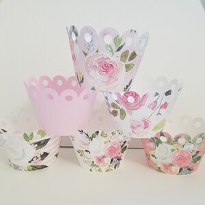 Sets of 12 Cupcake wrappers, Pink floral cupcake wrappers, pink flowers, floral shower decorations, floral birthday decorations