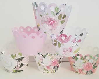 Sets of 12 Cupcake wrappers, Pink floral cupcake wrappers, pink flowers, floral shower decorations, floral birthday decorations