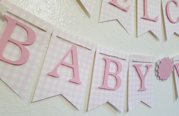 Pink Gingham Baby Shower Banner, Pink and White Banner, Checkered banner