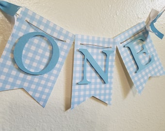 High Chair Banner, ONE Banner, Blue Gingham ONE banner, Light Blue Gingham, Baby Blue, Light Blue Check ONE banner