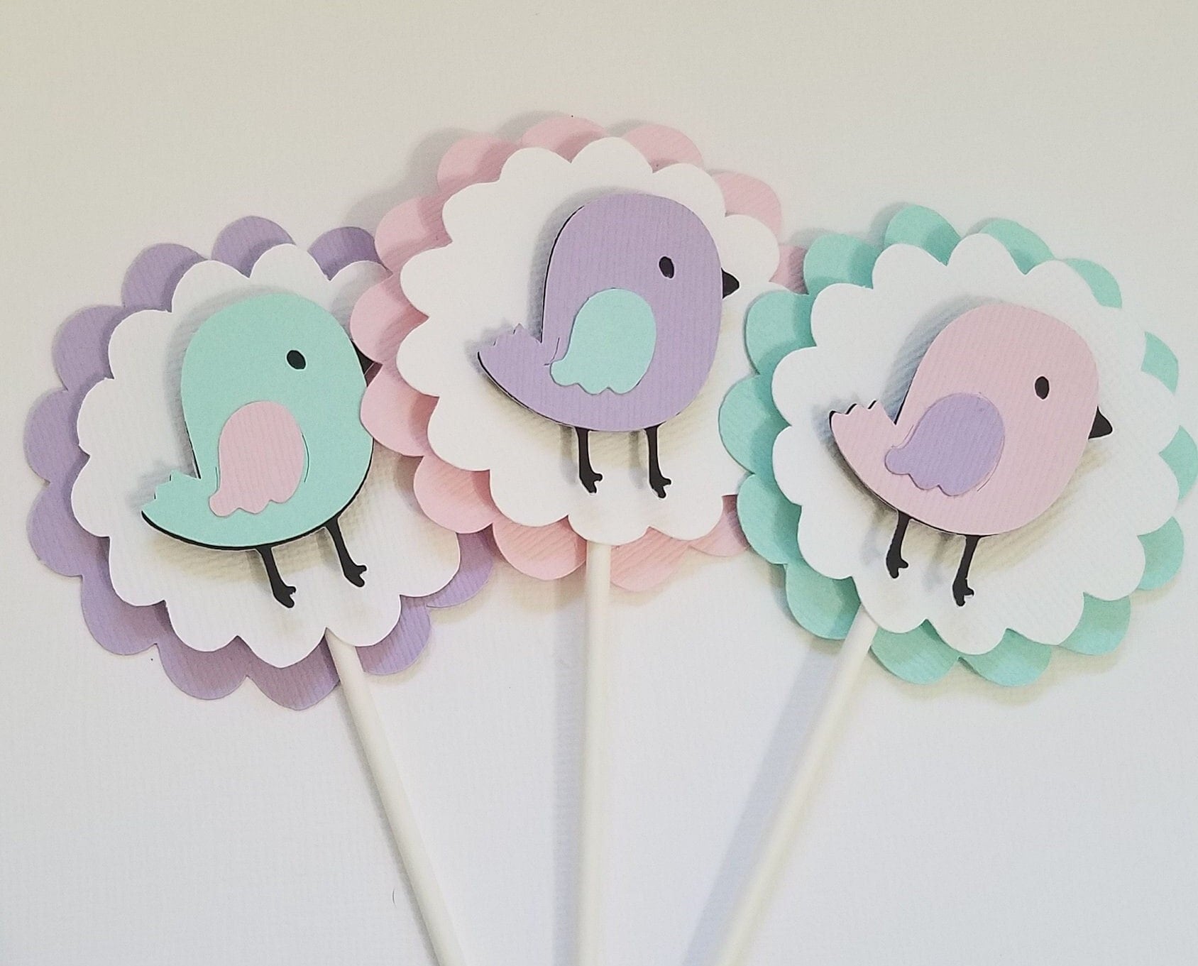 Cupcake Toppers, Set of 12,  Bird cupcake toppers, Pink, Blue, Turquoise, pastel Birds