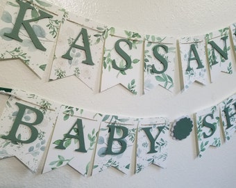 Baby Shower Banner, Baby Banner, Baby Shower Decorations, Green and Gold, Green Foliage Gold Banner, Botanical Theme, Greenery Banner