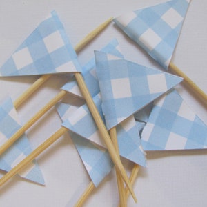 Flag Food Picks, Flag Cupcake toppers, Set of 24, Teddy Bear Picnic Party, Gingham Food Picks, Flag Picks, Blue Gingham Party