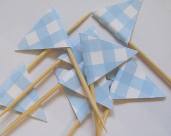 Flag Food Picks, Flag Cupcake toppers, Set of 24, Teddy Bear Picnic Party, Gingham Food Picks, Flag Picks, Blue Gingham Party