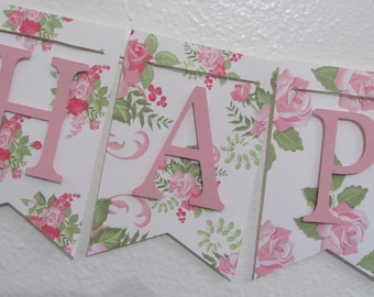 Birthday Banner, Happy Birthday Banner, Happy Birthday, Girl Banner 1st Birthday, Garden Party, Floral Banner, Pink and Green, Pink Flowers