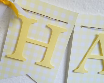 Yellow Gingham Happy Birthday Banner, Birthday Banner, Happy 1st Birthday Banner, Light Yellow and White Banner, Checkered banner