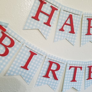 Blau Gingham alles Gute zum Geburtstag Banner, Geburtstagsbanner, Happy 1st Birthday Banner, hellblau und weiß Banner, kariert Banner