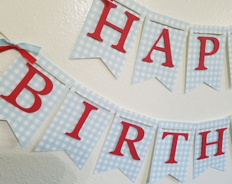 Blue Gingham Happy Birthday Banner, Birthday Banner, Happy 1st Birthday Banner, Light Blue and White Banner, Checkered banner