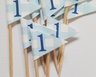 Selecciones de comida de bandera personalizada, toppers de cupcake de bandera, conjunto de 24, fiesta de picnic de oso de peluche, selecciones de comida de guinga, selecciones de comida de edad,